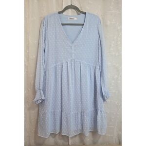 Adibosy Baby Blue Mini Dress Swiss Dot Ruffle Sleeve Large